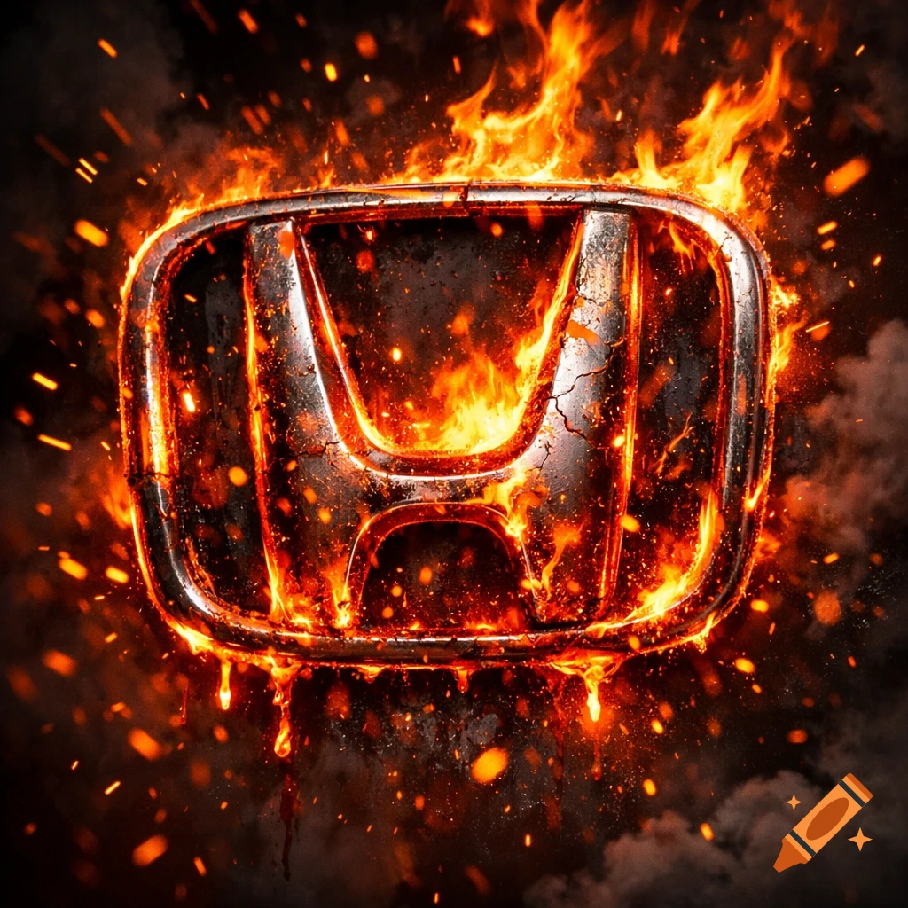 A photorealistic Honda logo engulfed in bright orange and yellow flames, sparks, and smoke against a dark background.