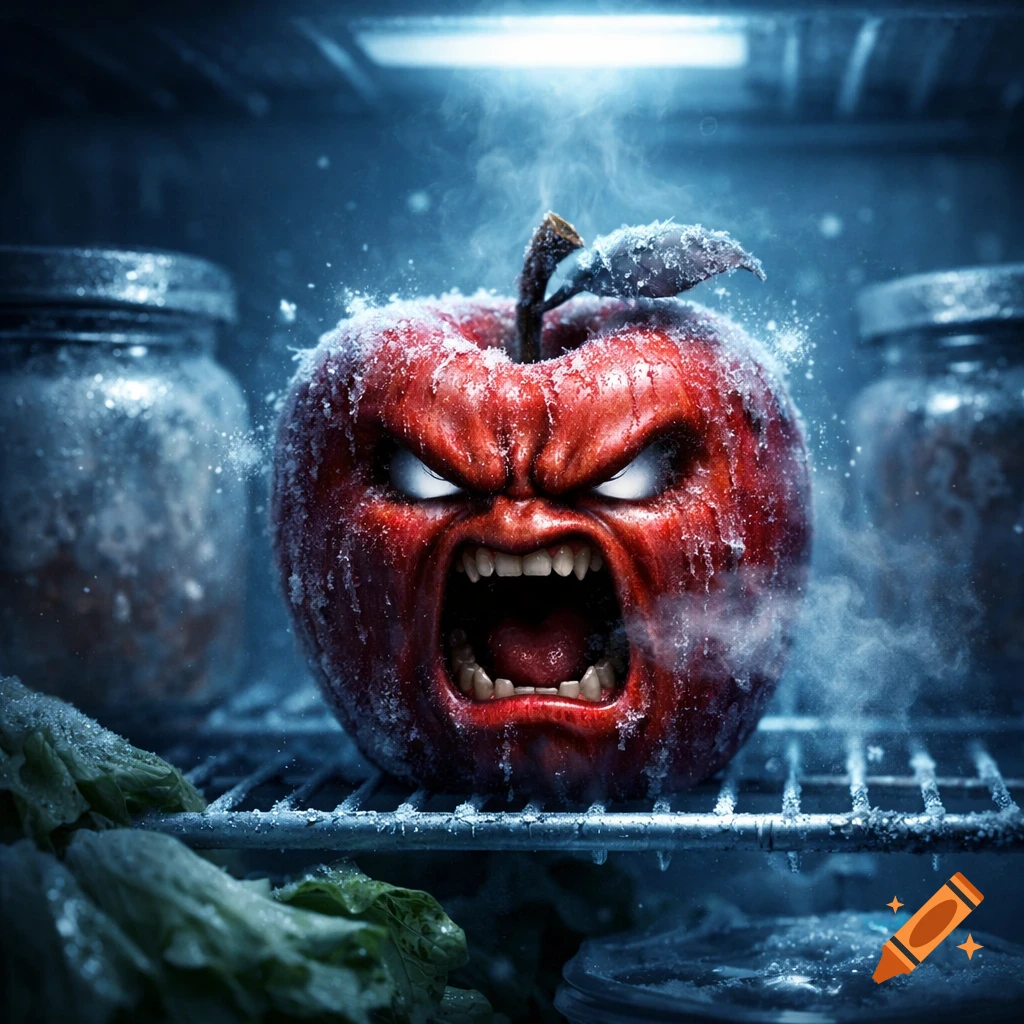 An angry, frosted red apple with glowing eyes screams in a cold refrigerator, steam rising around it.