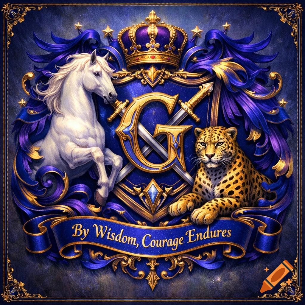 Ornate royal blue and gold family crest with a white horse, leopard, crown, swords, and 'By Wisdom, Courage Endures' motto.