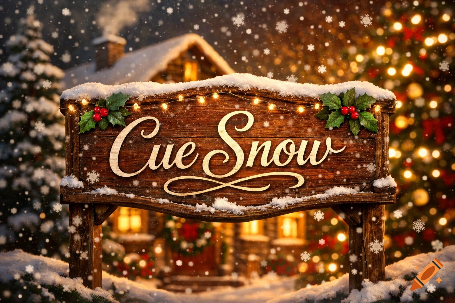 A snow-covered wooden sign with 'Cue Snow' and festive lights, set against a cozy cabin and Christmas tree in a snowy winter scene.