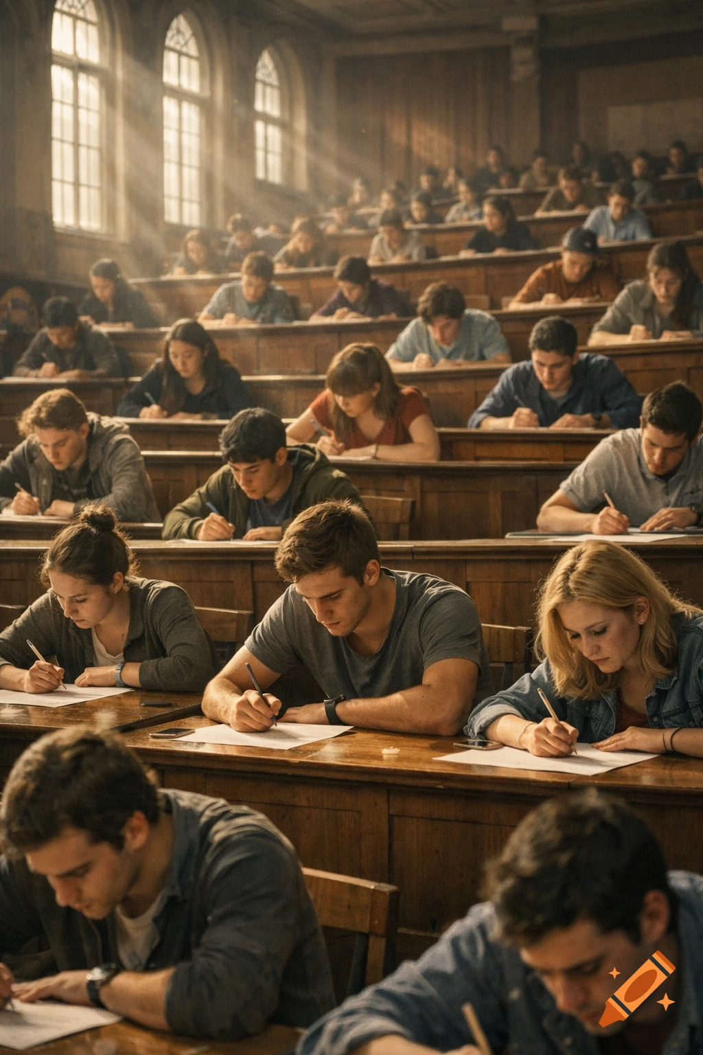 Photorealistic image of many college students sitting at desks in a large lecture hall, focused on taking an exam.