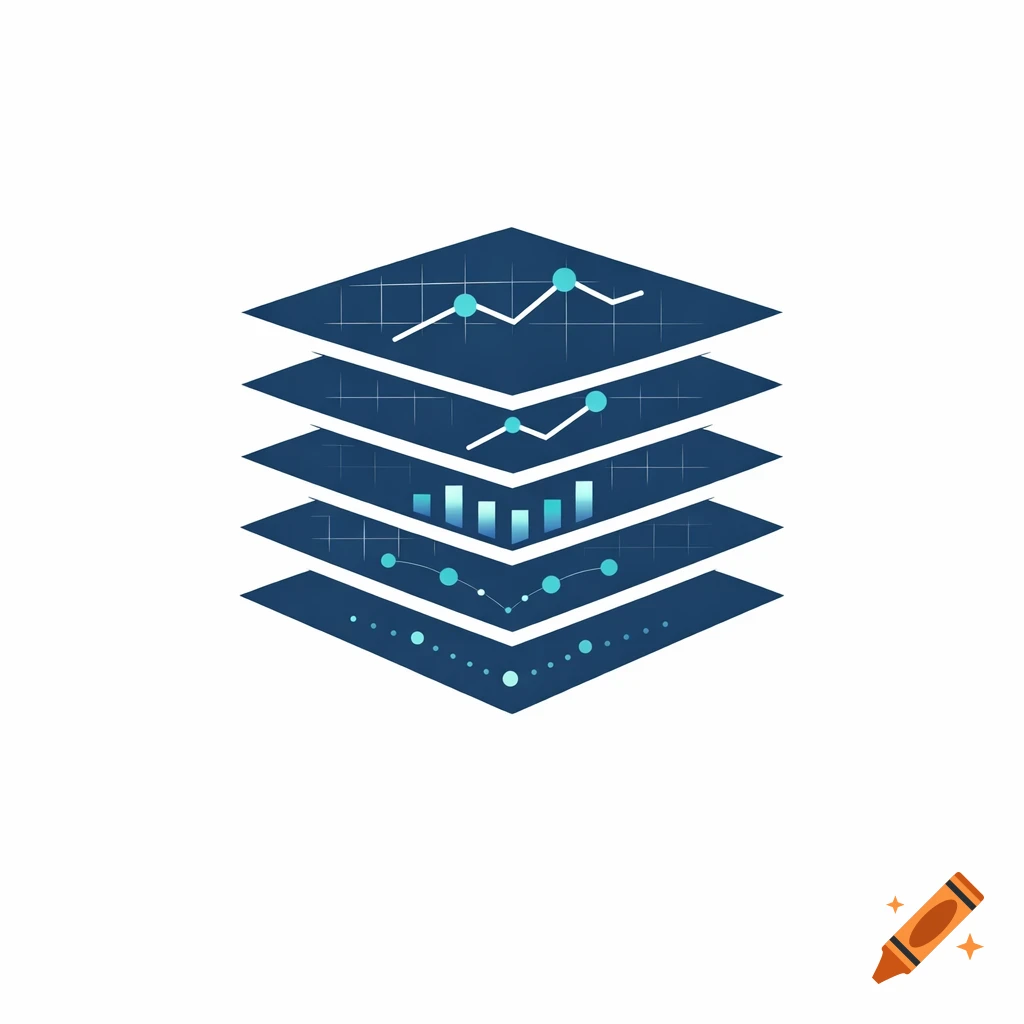 Minimal vector logo of five stacked, dark blue planes with subtle teal data graphs on a white background.