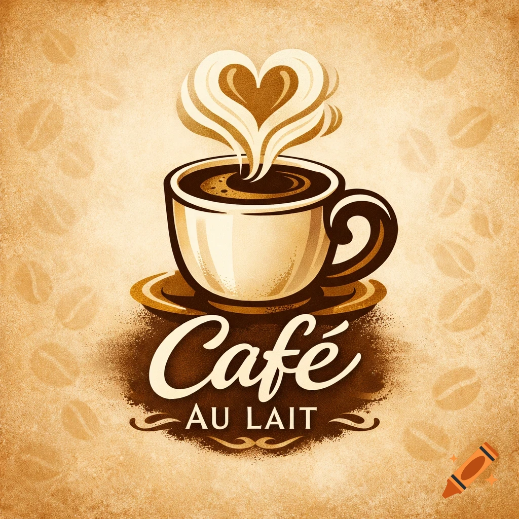 A stylized logo of a coffee cup with heart-shaped steam and "Café AU LAIT" text on a textured brown background.