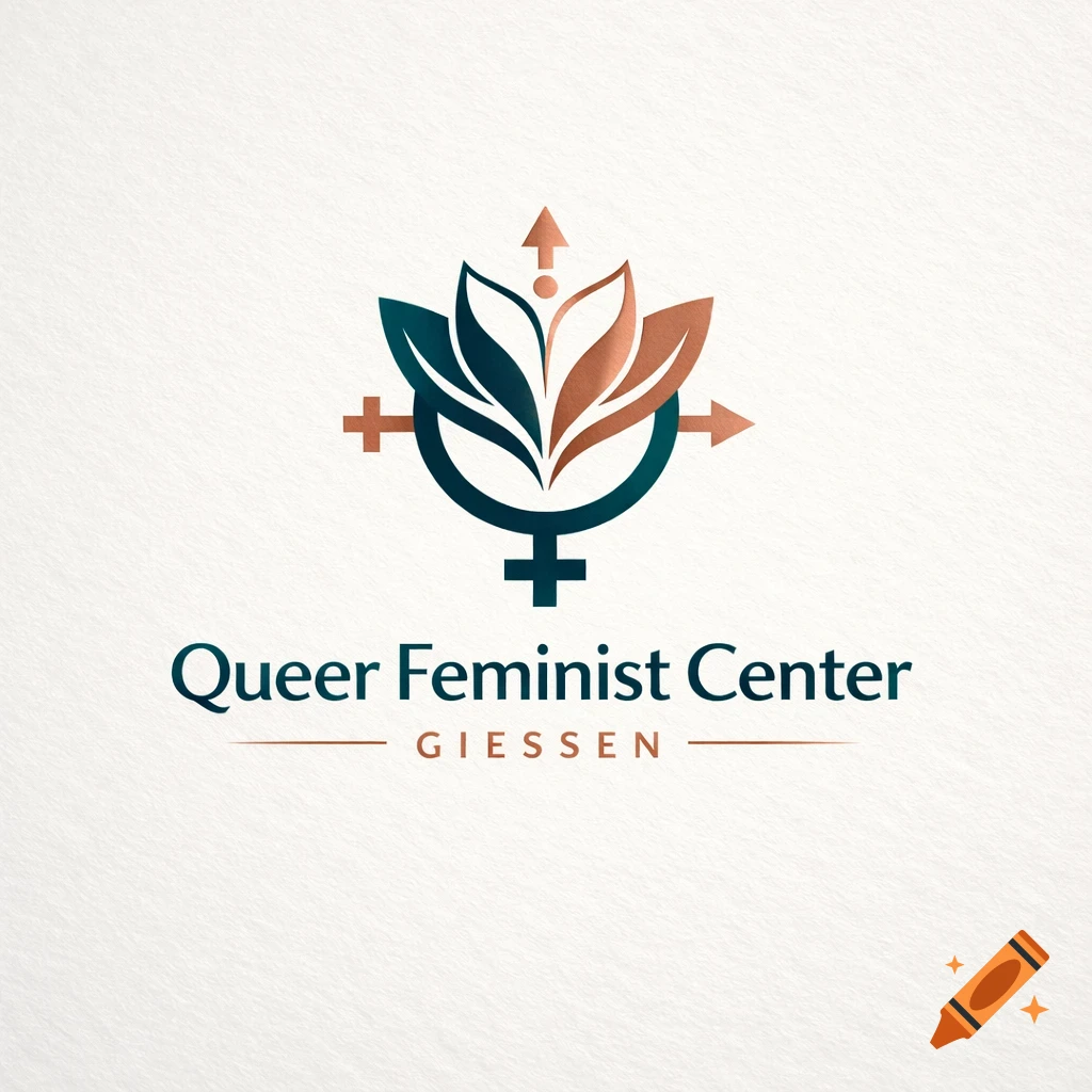 A minimalist logo for Queer Feminist Center Giessen, featuring a stylized Venus symbol combined with a lotus and compass arrows, in teal and copper tones.