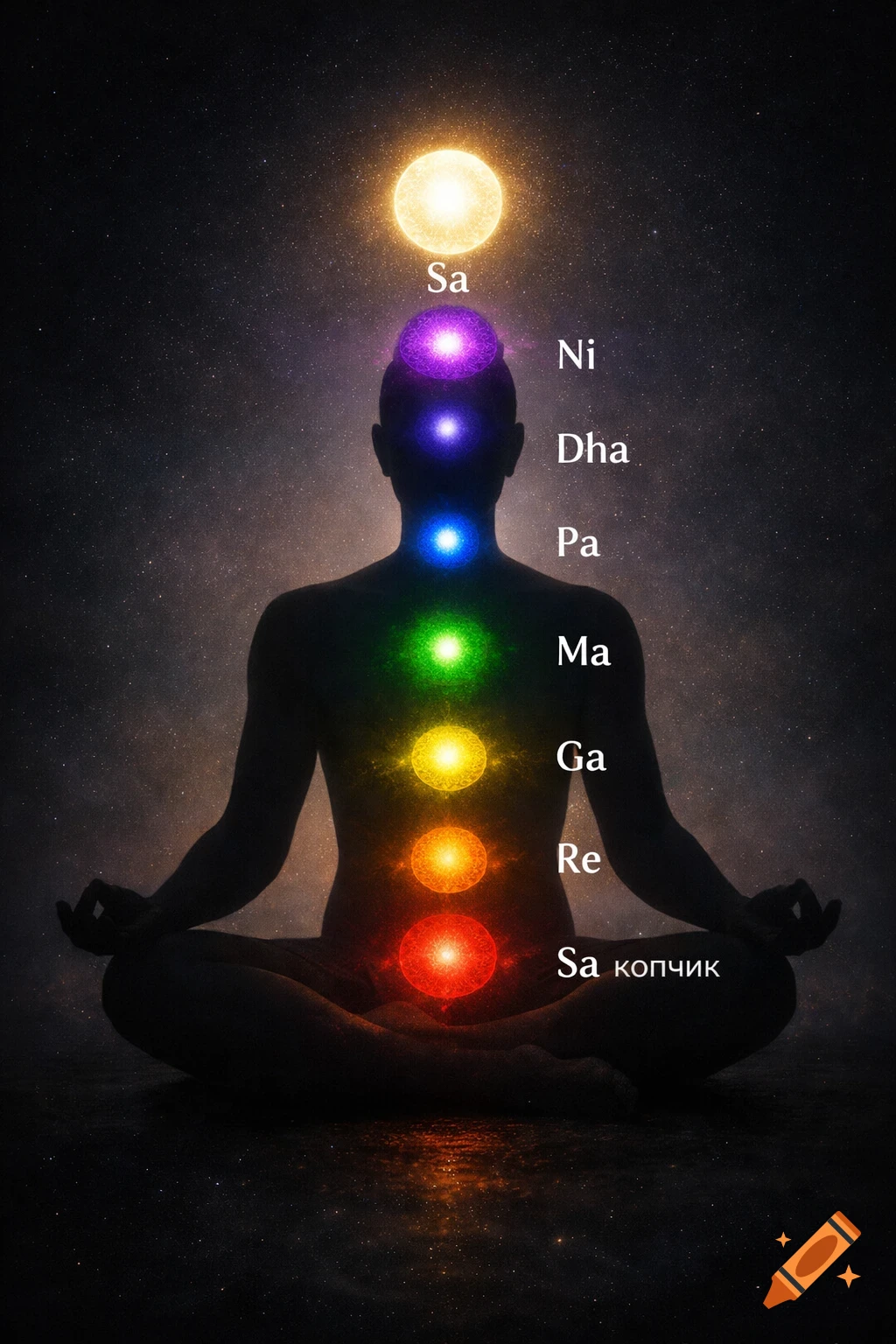 Silhouette of a person meditating in lotus pose with seven glowing chakras aligned along their spine, set against a starry cosmic background.