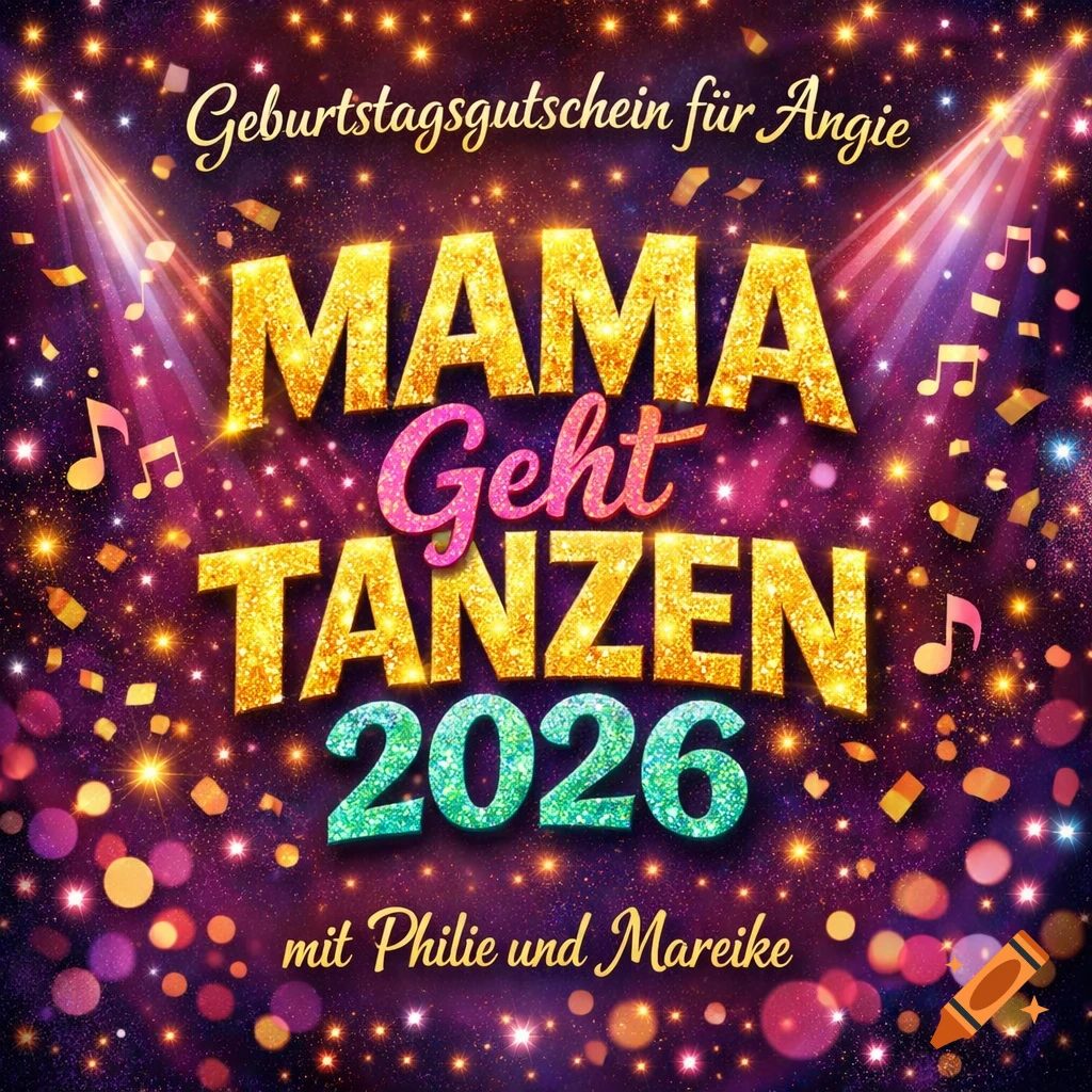 Vibrant, glittery birthday voucher for 'MAMA GEHT TANZEN 2026' for Angie, featuring stage lights, confetti, and musical notes.