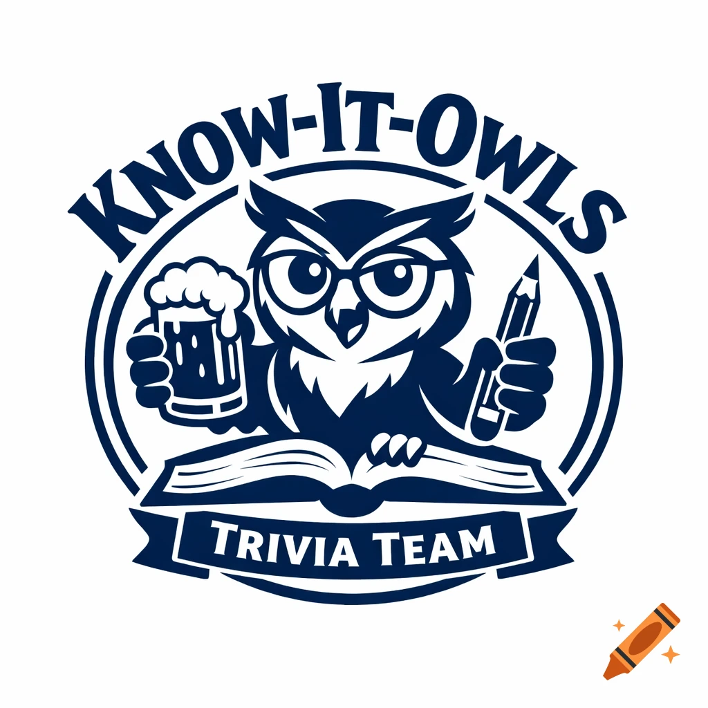 A monochrome deep blue vector logo of a smart owl wearing glasses, holding a beer mug and a pencil, standing on an open book, with the text "KNOW-IT-OWLS TRIVIA TEAM".