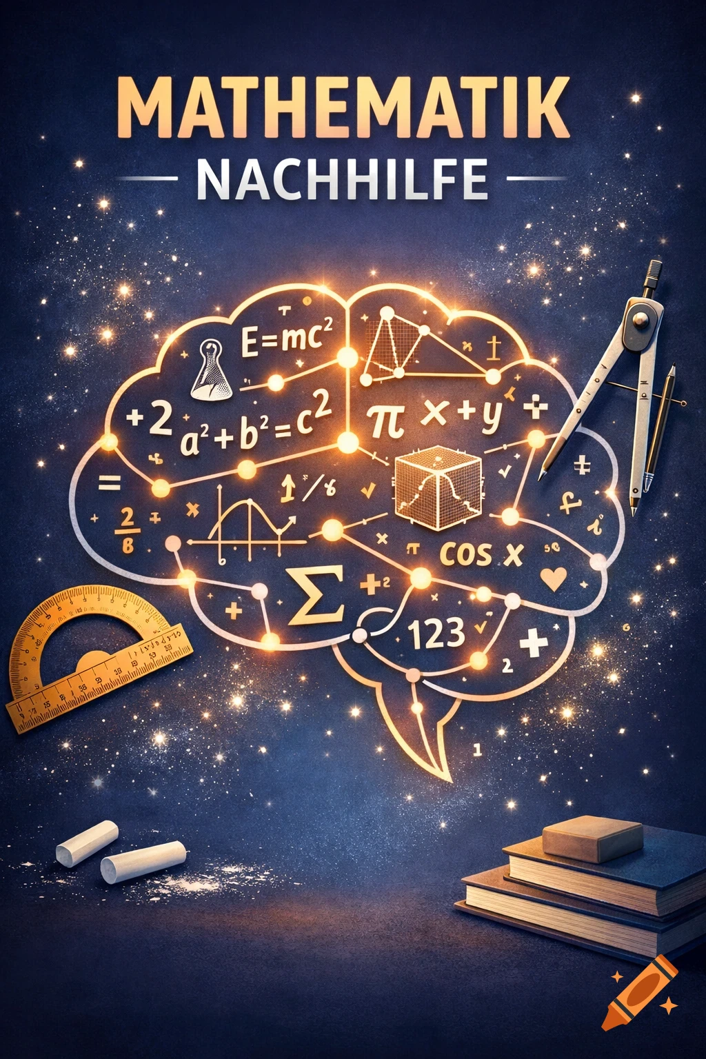 A conceptual image for math tutoring, featuring a glowing brain outline with formulas, surrounded by stars, a compass, protractor, chalk, and books.