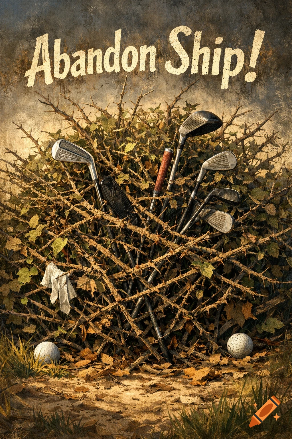 Golf clubs stuck in a thorny bush with a golf glove, two golf balls, and the words "Abandon Ship!" above in a gritty illustrative style.