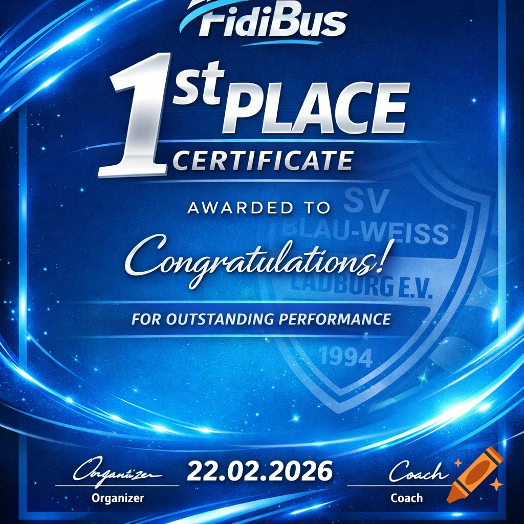 A blue and white 1st place certificate with glowing effects, awarded to SV Blau-Weiss Ladeburg E.V. by FidiBus on 22.02.2026.