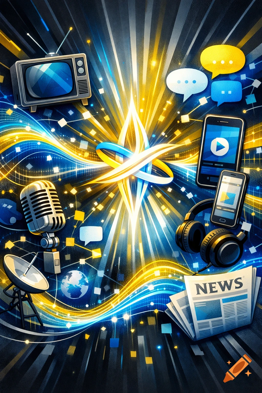 A dynamic illustration featuring various media and communication devices like a TV, microphone, phones, headphones, and a newspaper, surrounded by blue and yellow light trails and abstract connections.