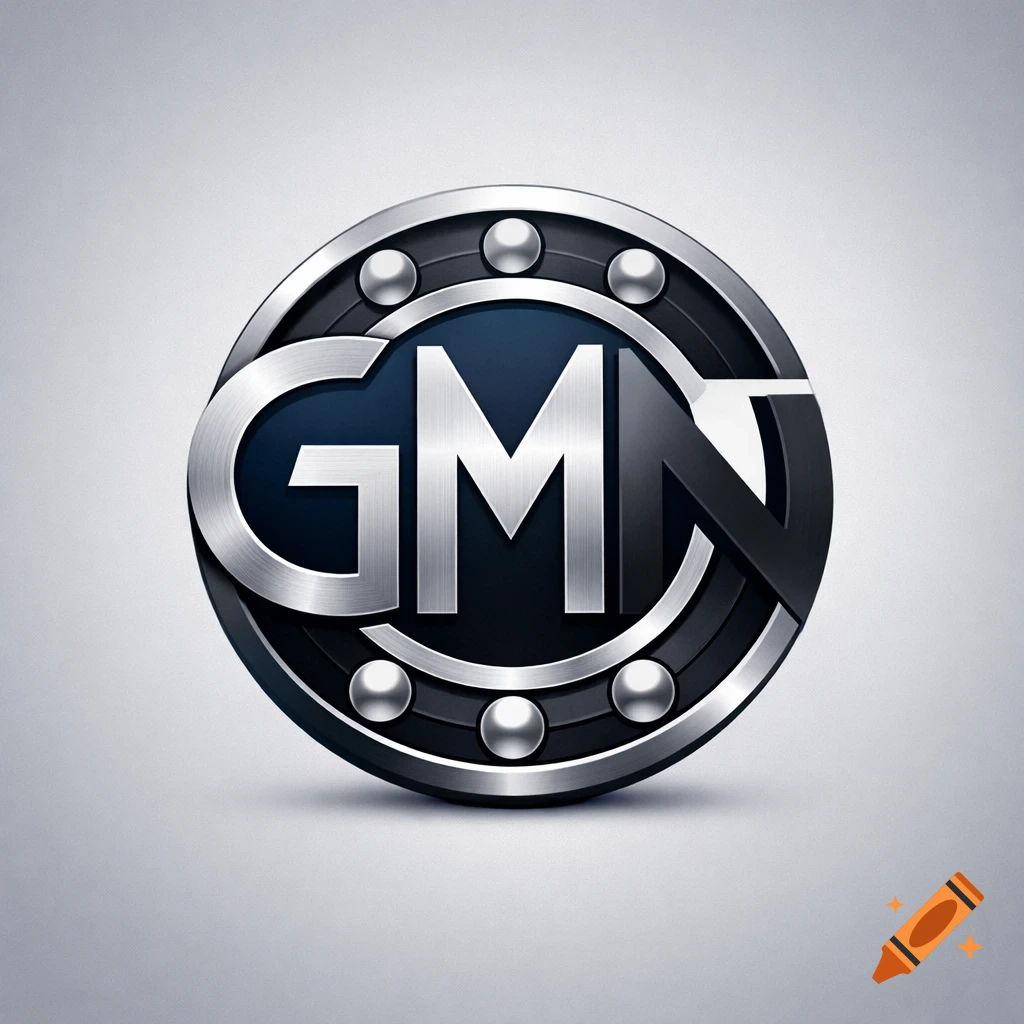 Metallic 'GMN' logo stylized as a ball bearing, with silver letters on a dark blue background and a silver ring with spheres, on a light grey background.
