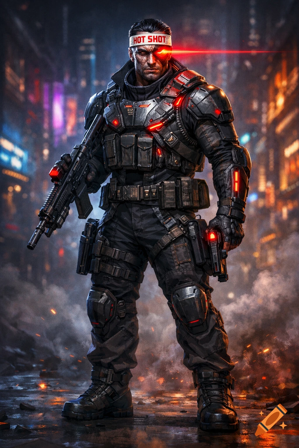 A detailed cyberpunk soldier in black armored suit, with a red laser eye and "HOT SHOT" headband, stands on a neon-lit, smoky city street, holding a rifle and pistol.