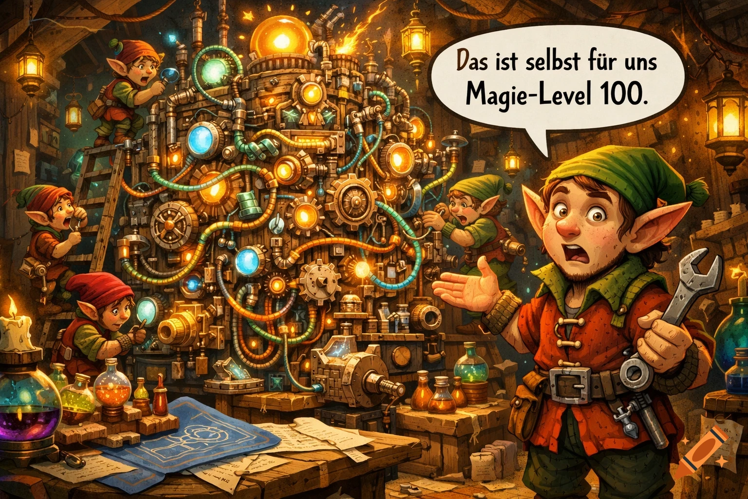 Cartoon elves in a workshop marvel at a complex, light-up steampunk machine; one elf states, 'That's even Magic Level 100 for us.'