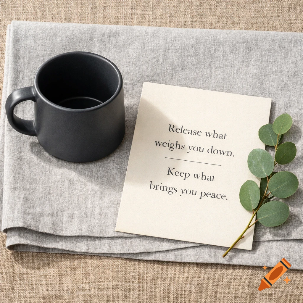 A dark gray ceramic mug, an inspirational card with text, and a eucalyptus branch arranged on light gray and beige linen cloths in a flat lay.