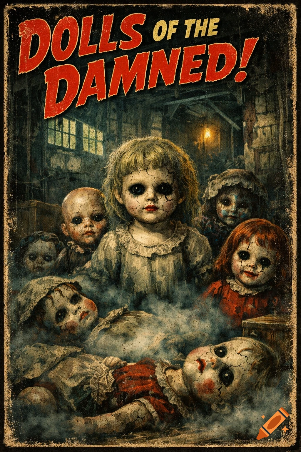 A retro horror movie poster with cracked, creepy dolls and the title "Dolls of the Damned!".
