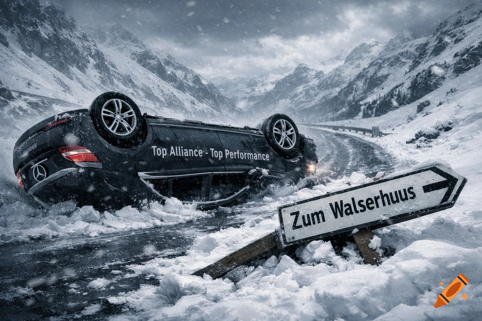 Overturned black Mercedes S-Class car on a snowy mountain road with a fallen "Zum Walserhuus" sign. Photorealistic winter scene.