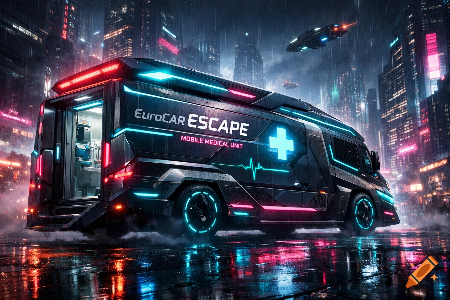 A cyberpunk mobile medical unit with neon lights, 'EuroCAR ESCAPE' text, and a medical cross driving through a rainy futuristic city at night.