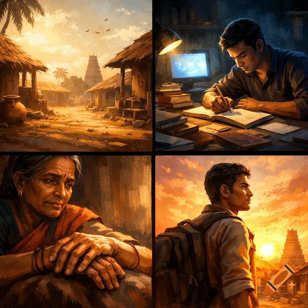 A four-panel collage: a warm-toned rural village, a young man studying, an older pensive woman, and the man looking at a village sunset.