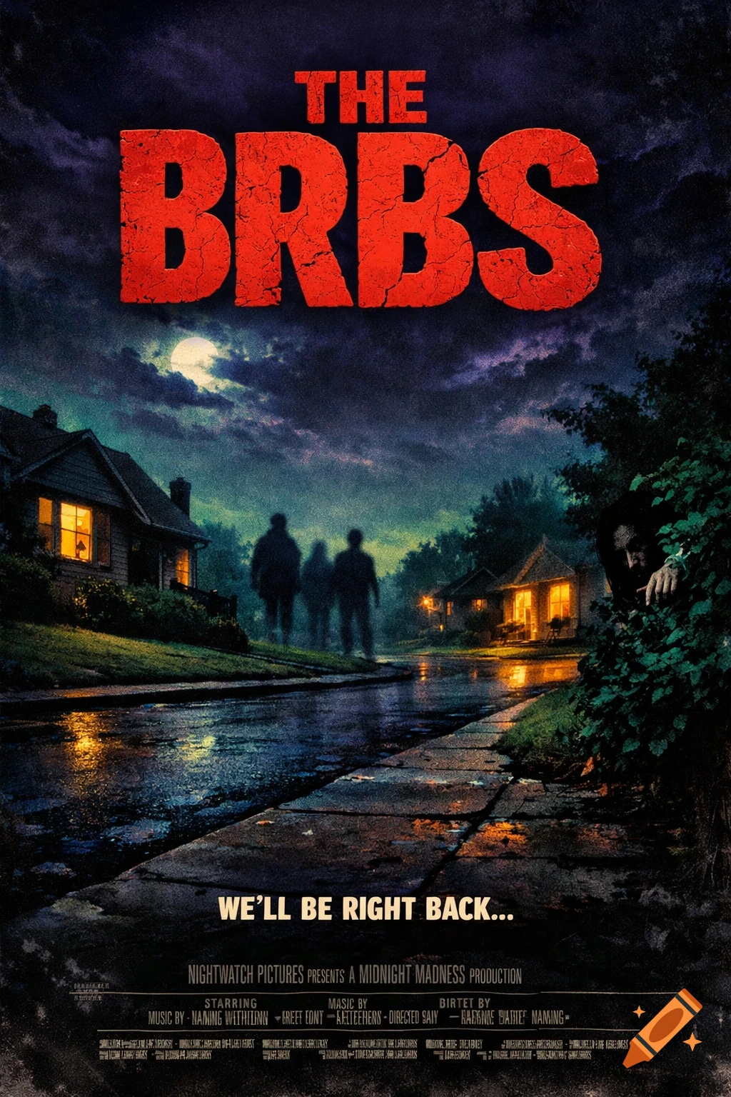 A horror movie poster titled "THE BRBS" with three silhouetted figures walking on a dark, wet street at night and a person peeking from bushes.