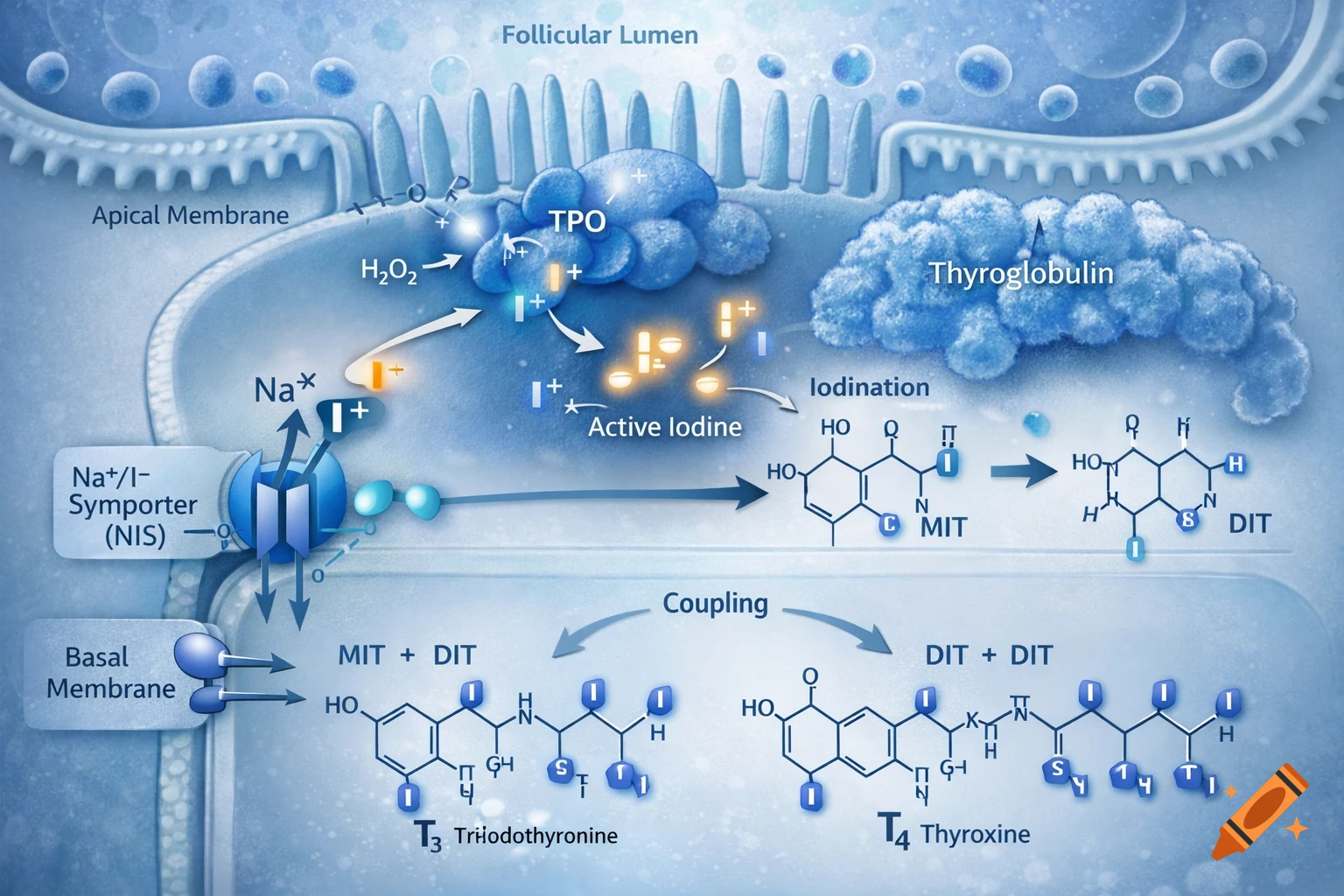 A detailed medical diagram illustrates the synthesis process of thyroid ...