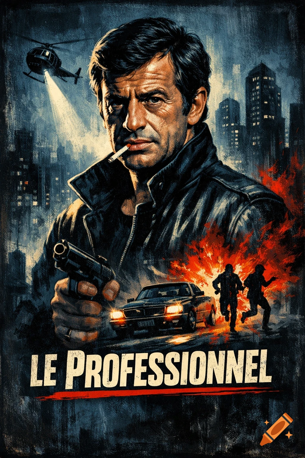 Gritty illustrated movie poster of a man with a cigarette and gun, a helicopter, car, and running figures against a dark cityscape.