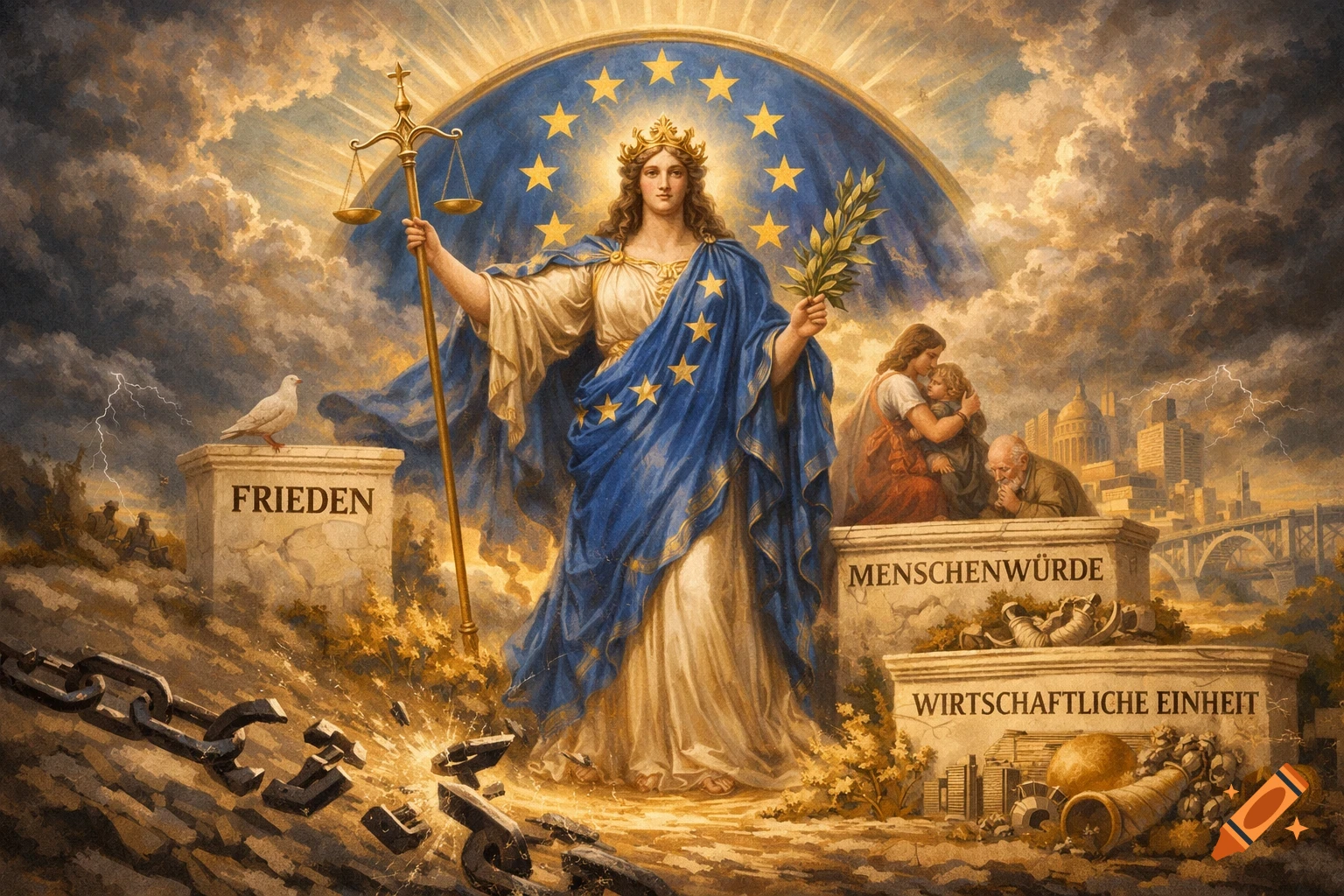 Allegorical painting of Europe as a crowned woman holding scales and olive branch, with symbols of peace, human dignity, economic unity, and broken chains.