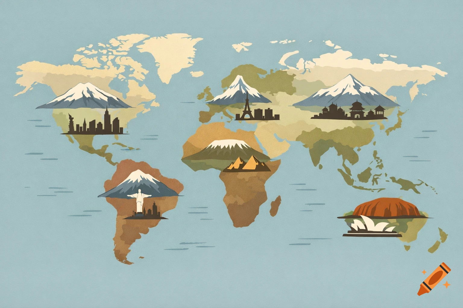 Stylized world map illustration showing continents with famous mountains and iconic landmarks like the Eiffel Tower and Statue of Liberty.