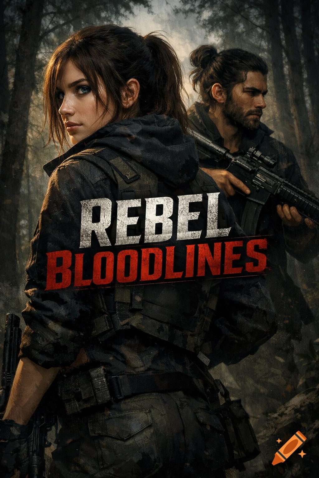 Photorealistic art of a woman in tactical gear looking over her shoulder, with a man and a rifle behind her in a forest. 'REBEL BLOODLINES' is overlaid.