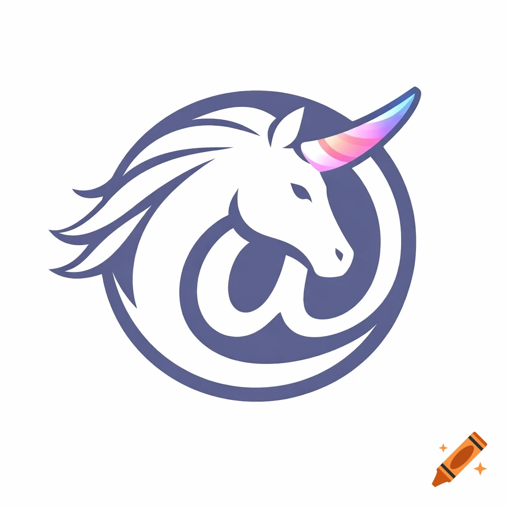 A stylized white unicorn head with a rainbow horn integrated into a dark blue @ symbol, on a white background.
