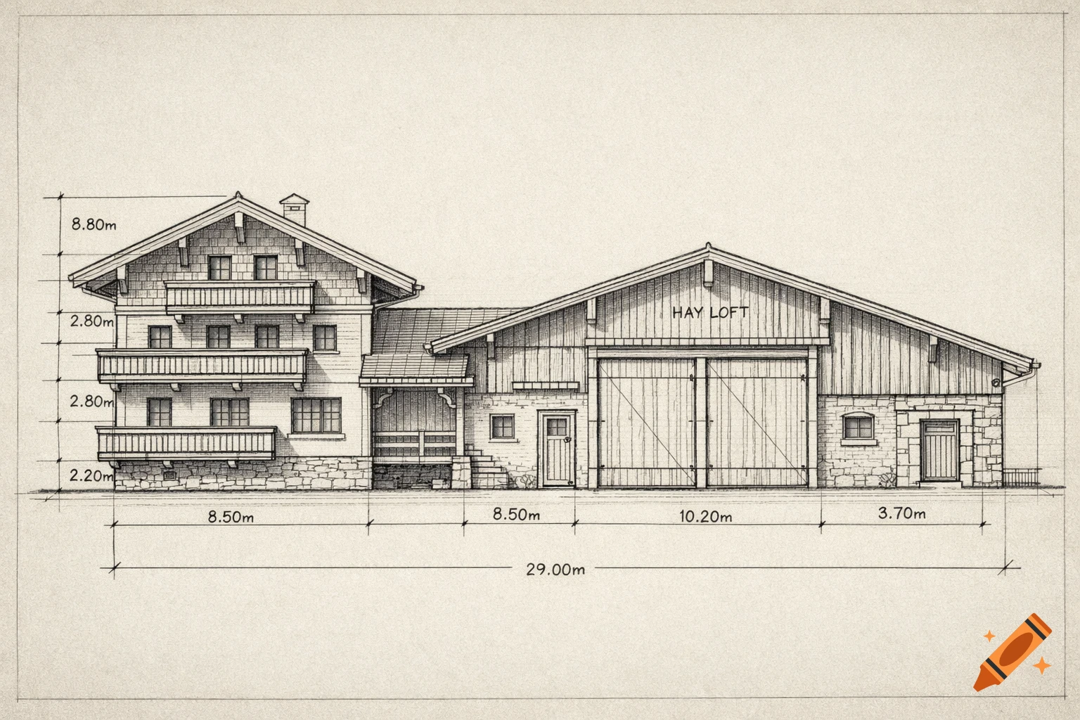 Detailed technical drawing of a side view of an Alpine-style building with residential and agricultural sections, including dimensions and a hay loft.