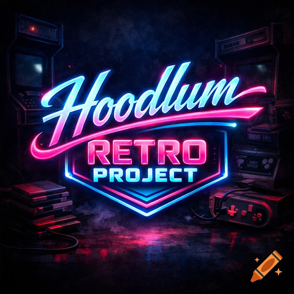 Neon logo for 'Hoodlum Retro Project' with arcade machines and retro game cartridges in a dark, atmospheric setting.