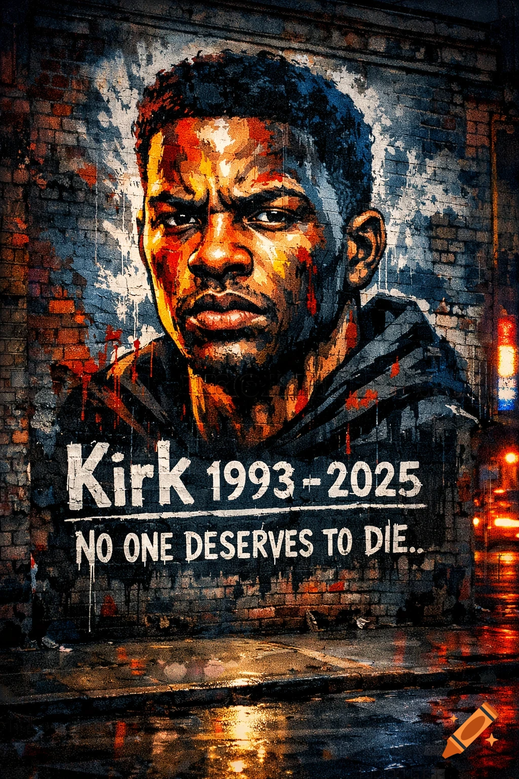 A colorful, textured street art mural on a brick wall depicts a man's portrait with the text "Kirk 1993 - 2025. NO ONE DESERVES TO DIE.."