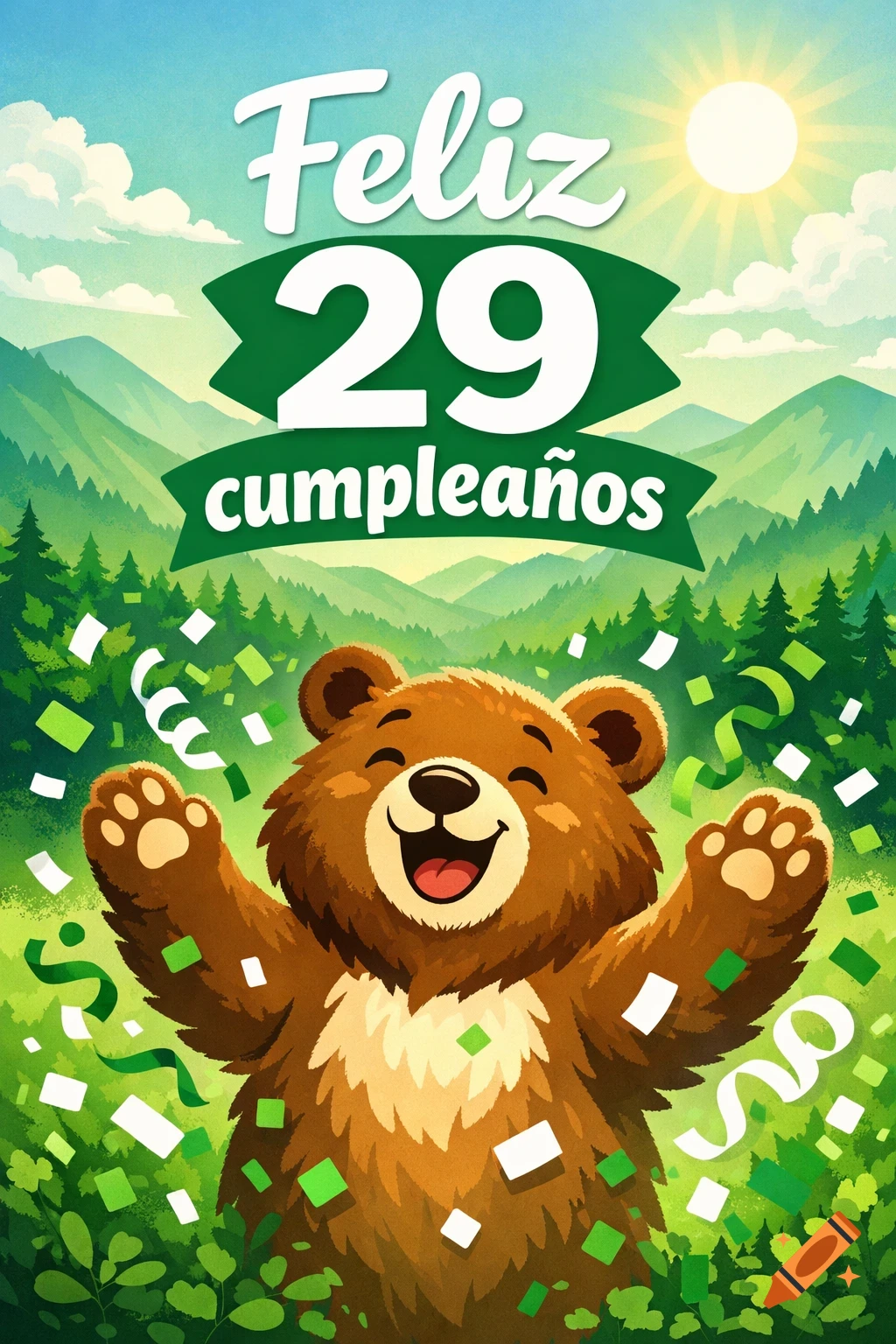 Cheerful illustration of a brown bear celebrating a 29th birthday with green and white confetti in a forest mountain landscape.