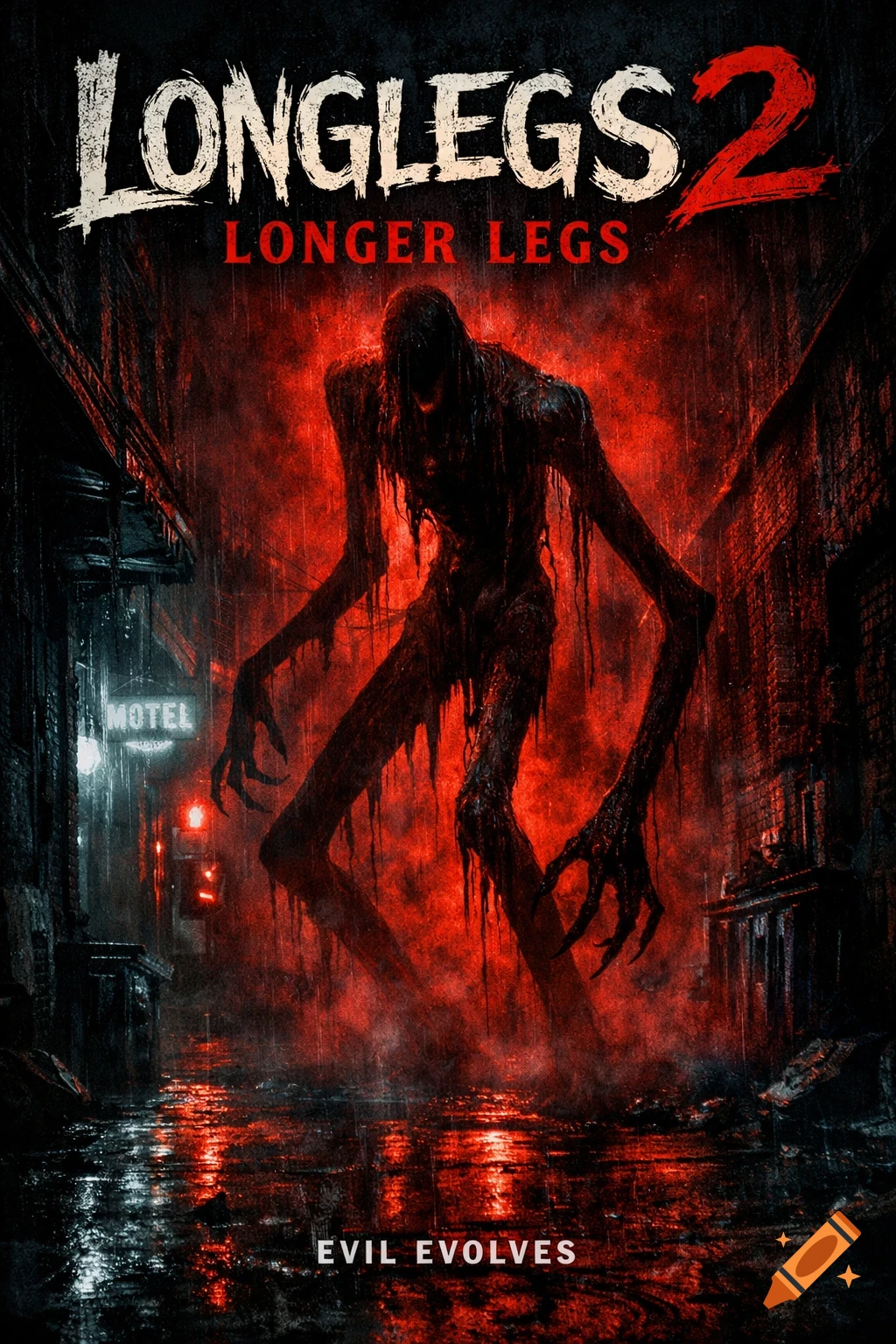 A horror movie poster featuring a tall, slender, dripping monster in a red-lit rainy alley with text 'Longlegs 2: Longer Legs'.