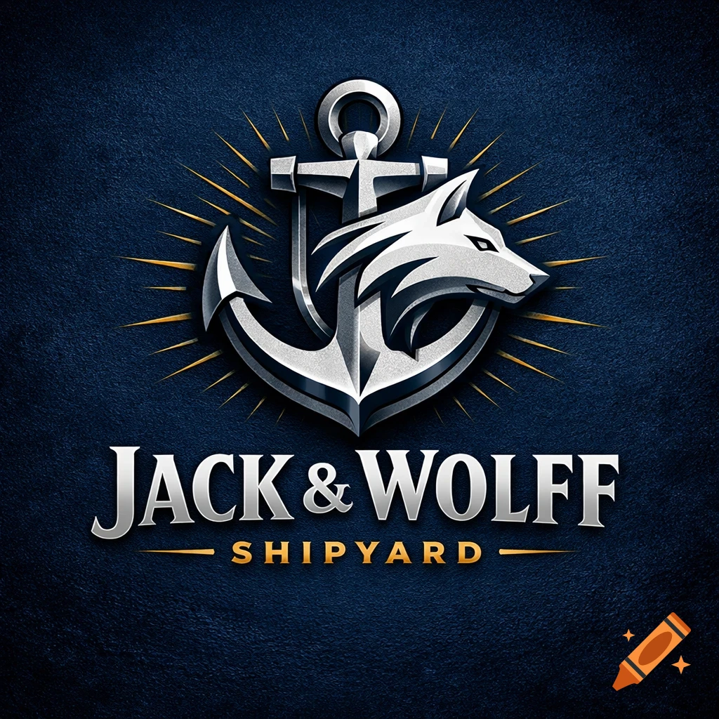 A silver logo featuring an anchor combined with a wolf head, surrounded by golden rays, above 'JACK & WOLFF SHIPYARD' text on a dark blue background.