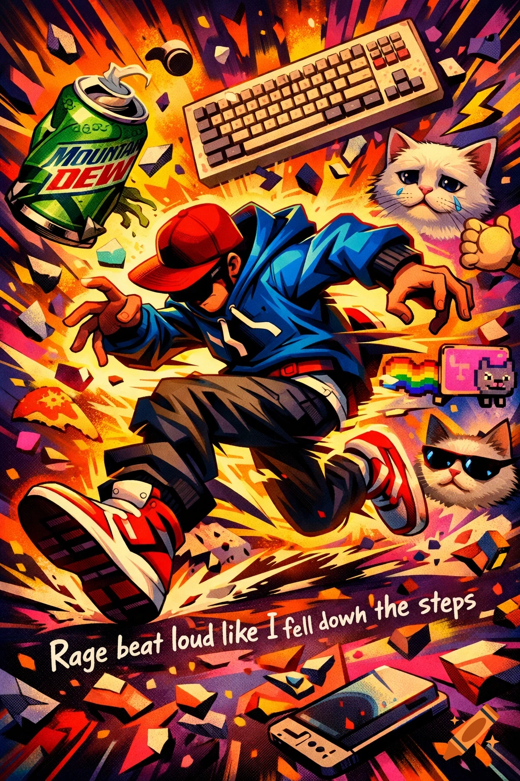 A stylized character in a red cap and blue hoodie, surrounded by chaotic elements like a Mountain Dew can, keyboard, and cat memes. Text says "Rage beat loud like I fell down the steps".
