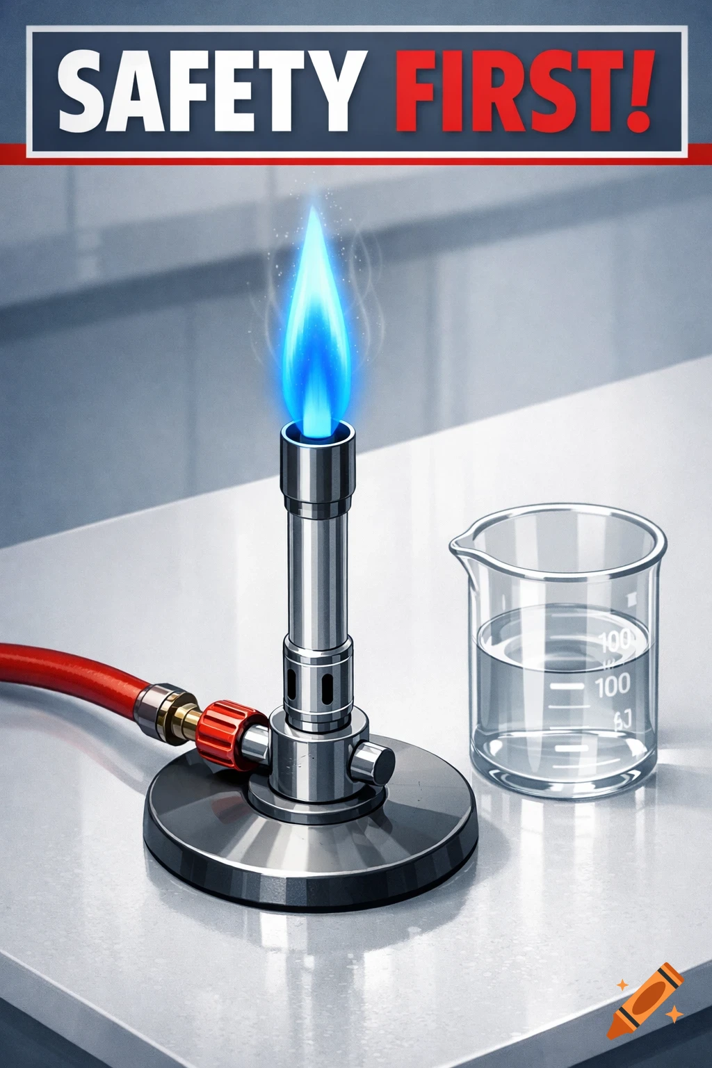 A poster showing a lit bunsen burner and a beaker of clear liquid on a lab bench, with text 'SAFETY FIRST!' at the top.