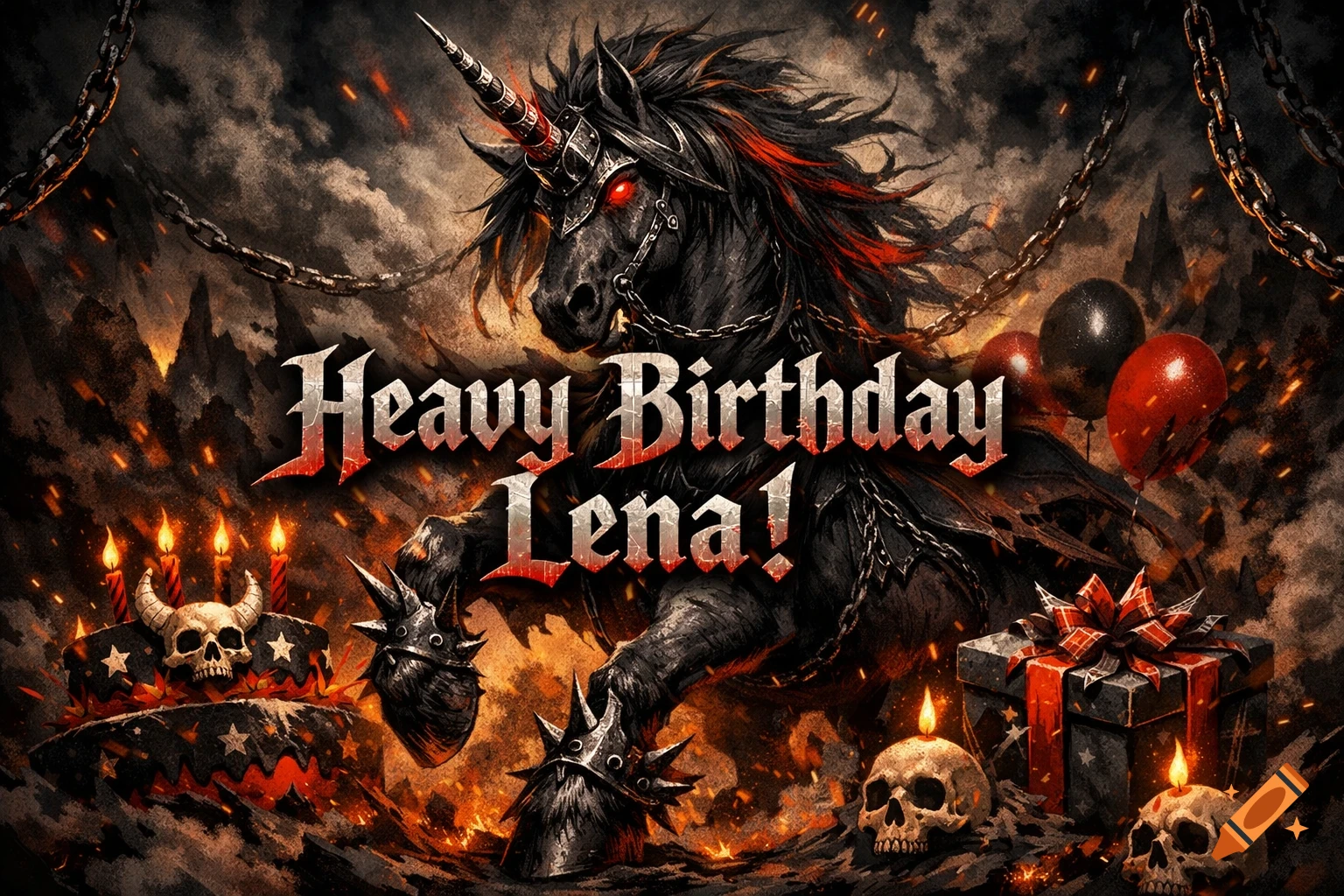 Dark heavy metal unicorn with red eyes, fire, chains, skulls, and balloons, with 'Heavy Birthday Lena!' text.