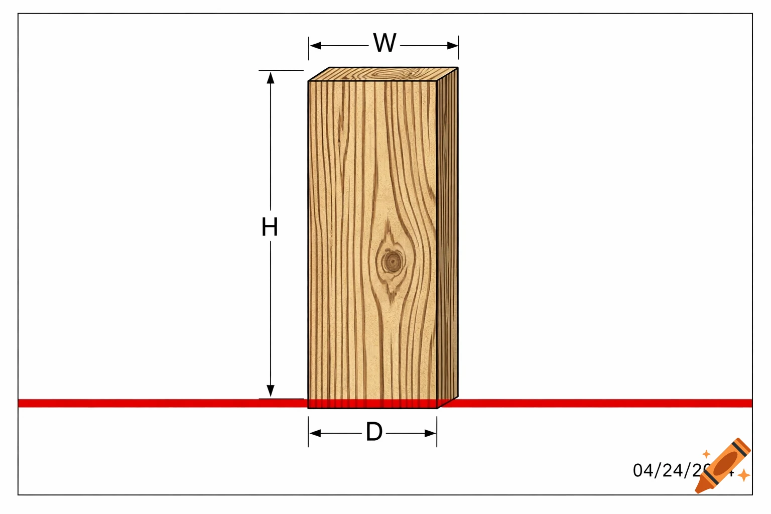 Technical drawing of a wooden timber standing on a red line with dimension labels for width, height, and depth.