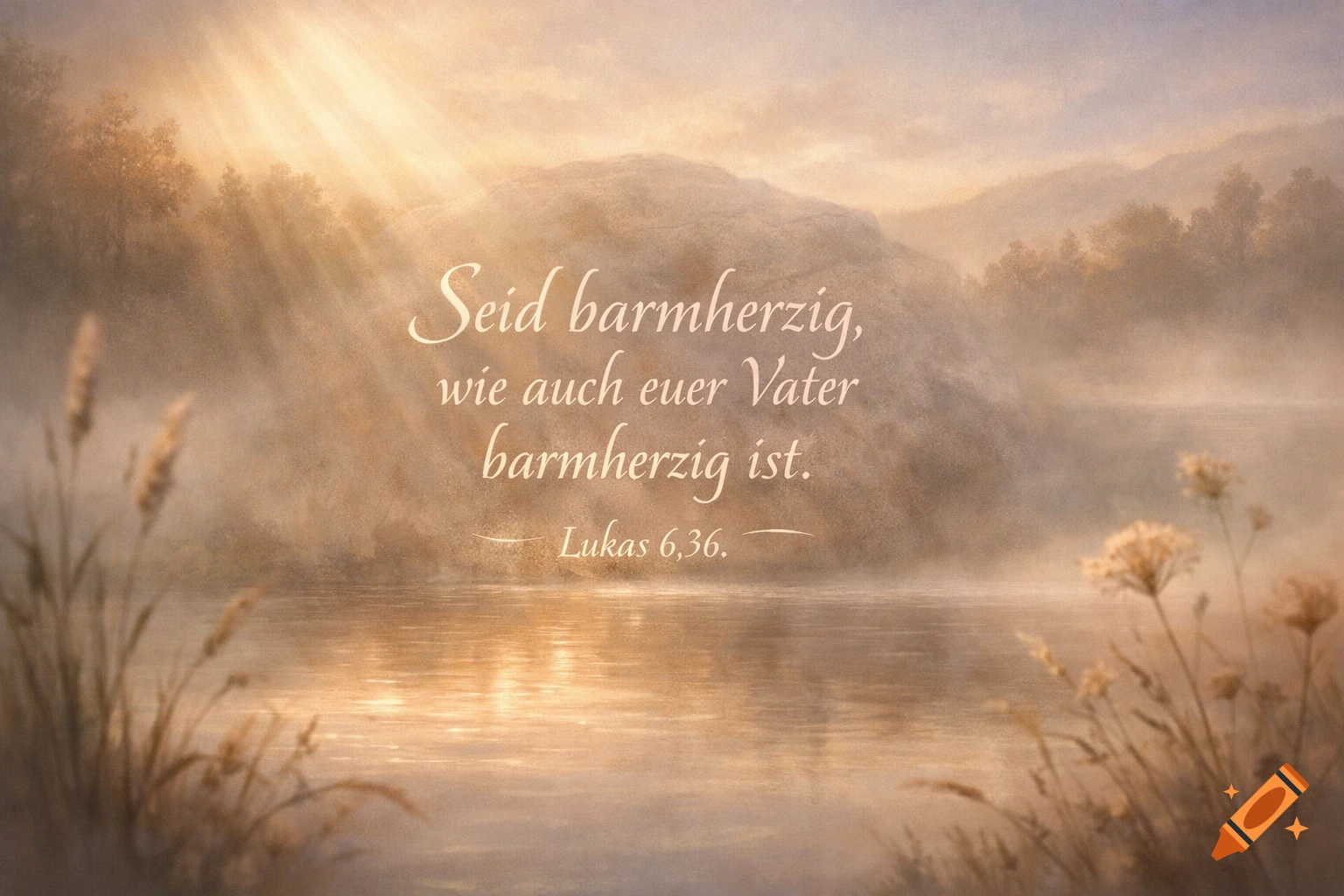 A serene, misty landscape at sunrise with golden light shining over a lake and hills, featuring a German biblical quote about being merciful.