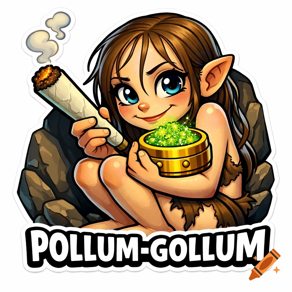 Cartoon fantasy sticker of a Gollum-like character holding a lit joint and a grinder with glowing green dust. Text 'POLLUM-GOLLUM'.