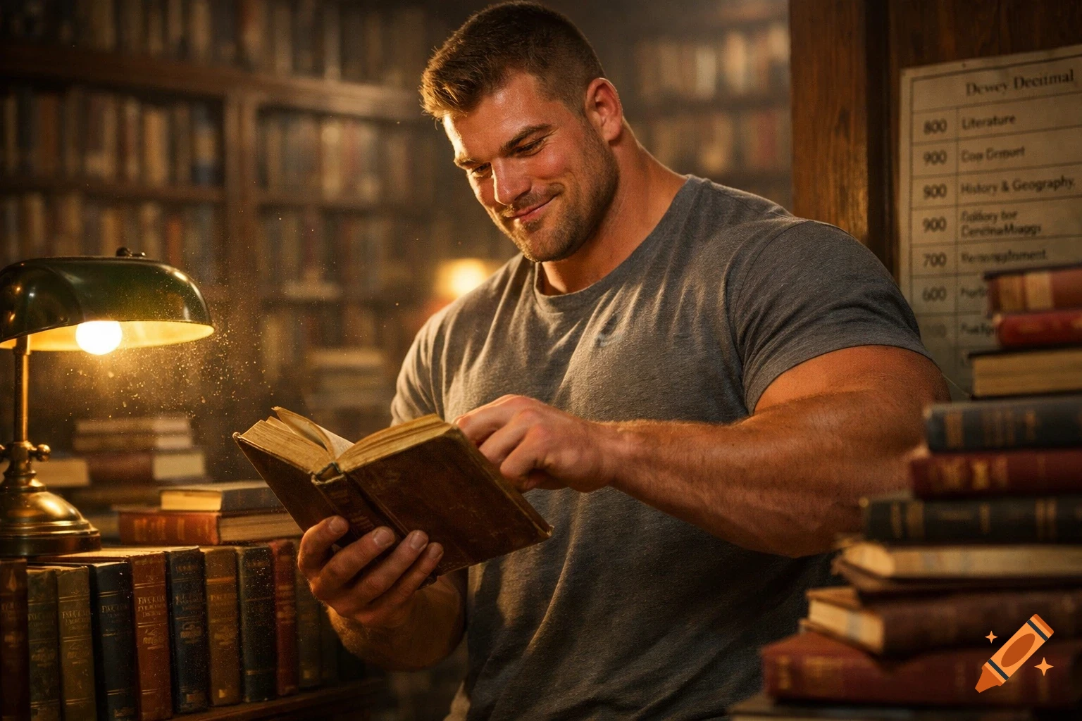 A muscular man with short hair and a beard, wearing a grey t-shirt, smiles as he reads an old book under a glowing lamp in a dimly lit library.