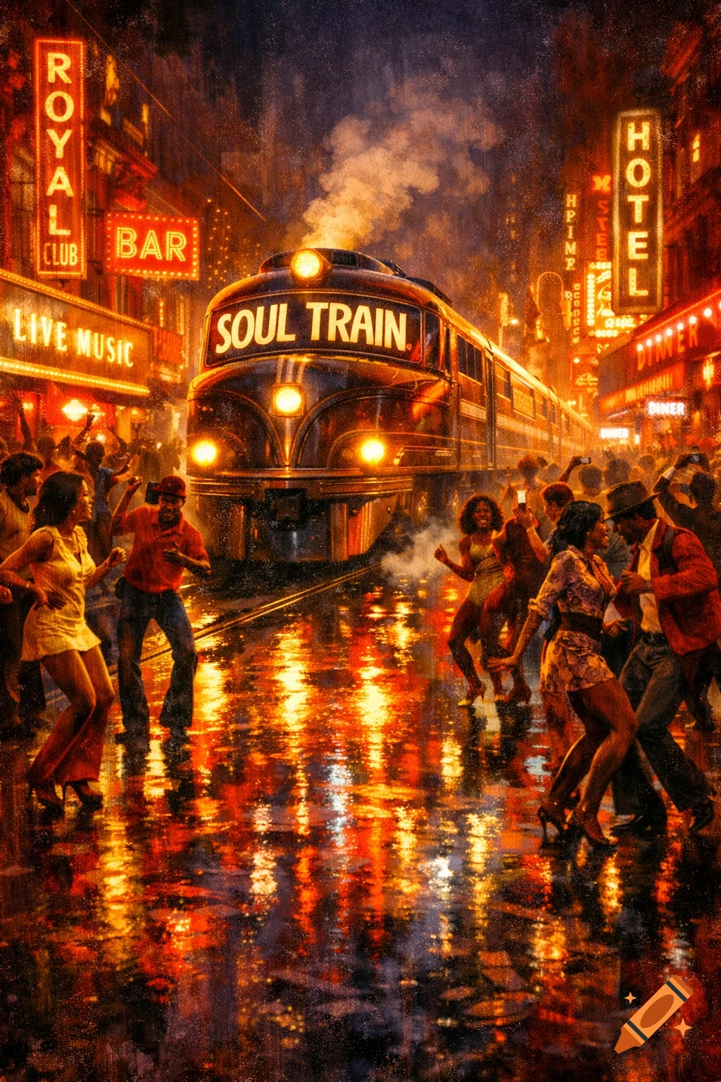 A vibrant retro 1960s-70s city street at night with a 'Soul Train' and people dancing amidst neon signs reflecting on wet pavement.