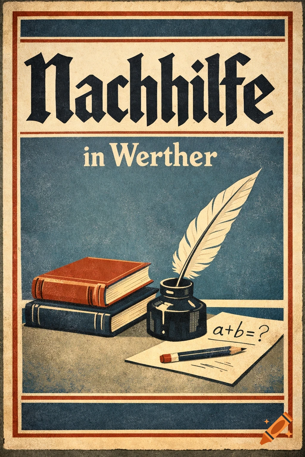 Vintage poster design with 'Nachhilfe in Werther' text, depicting stacked books, an inkwell with a quill, and a pencil on paper with 'a+b=?'. This retro-style image has a distressed texture.