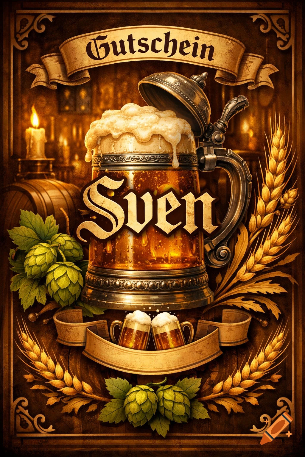 A vintage-style brewery gift voucher featuring a large, ornate beer stein with frothy beer, hops, wheat, and the name 'Sven'.