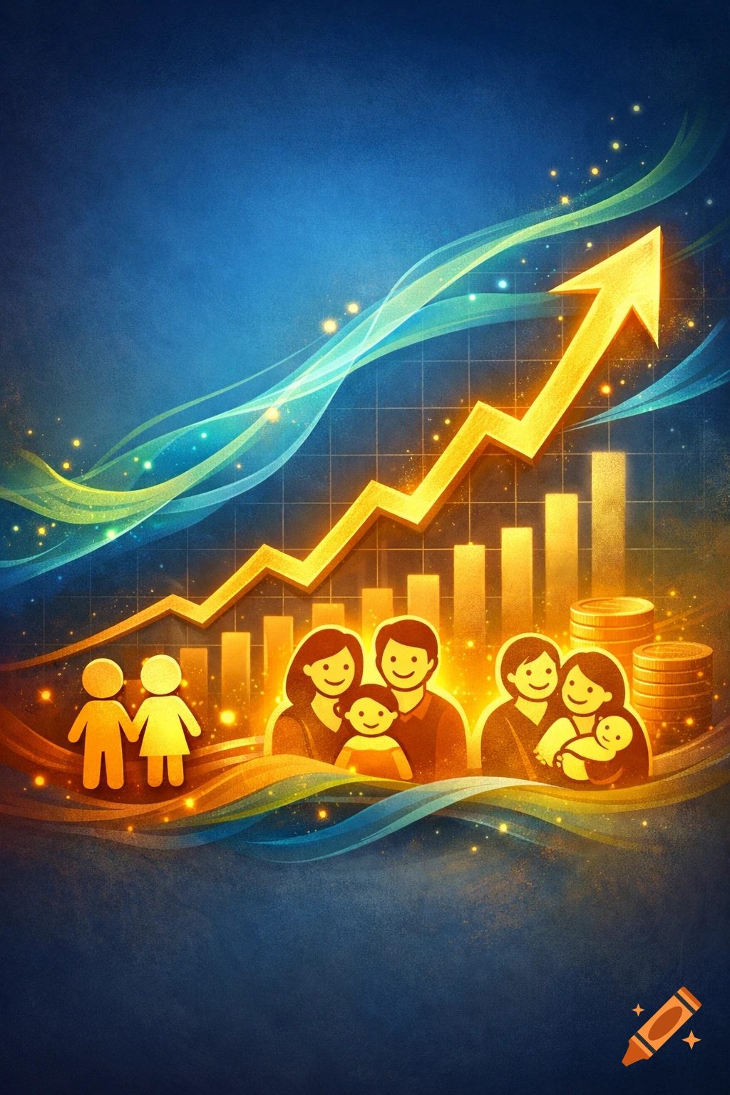 Stylized illustration of families, an upward arrow, bar charts, and coins on a blue and gold background, representing financial growth.