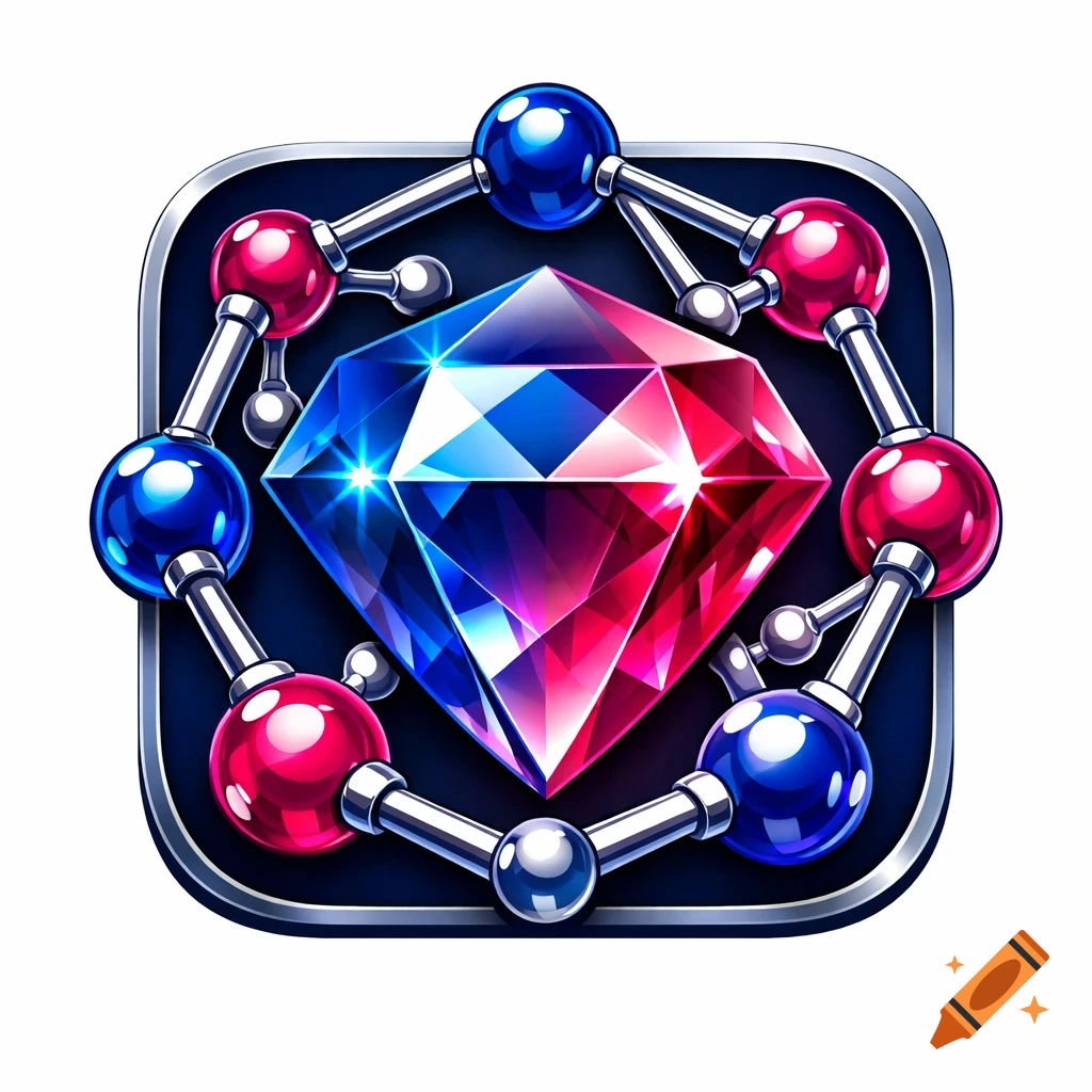 A glossy app icon featuring a sparkling blue and red gemstone surrounded by a molecular structure of red and blue spheres.