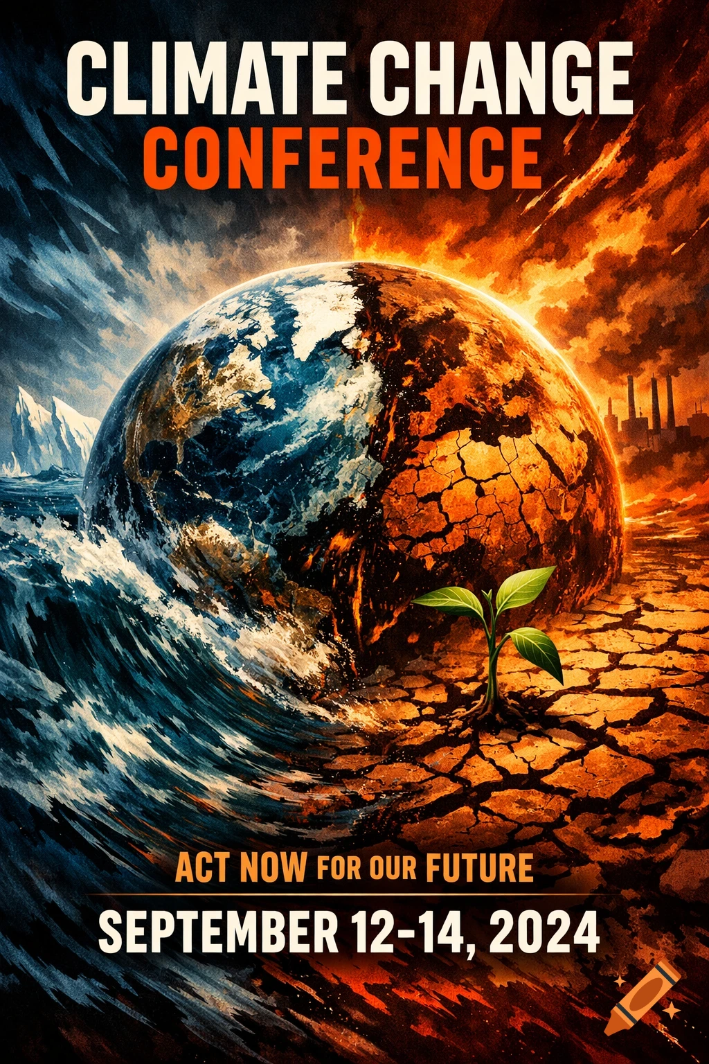 Poster for a Climate Change Conference, depicting a world divided by a stormy ocean and cracked, fiery desert, with a green sprout. Text: 'CLIMATE CHANGE CONFERENCE', 'ACT NOW FOR OUR FUTURE', 'SEPTEMBER 12-14, 2024'.
