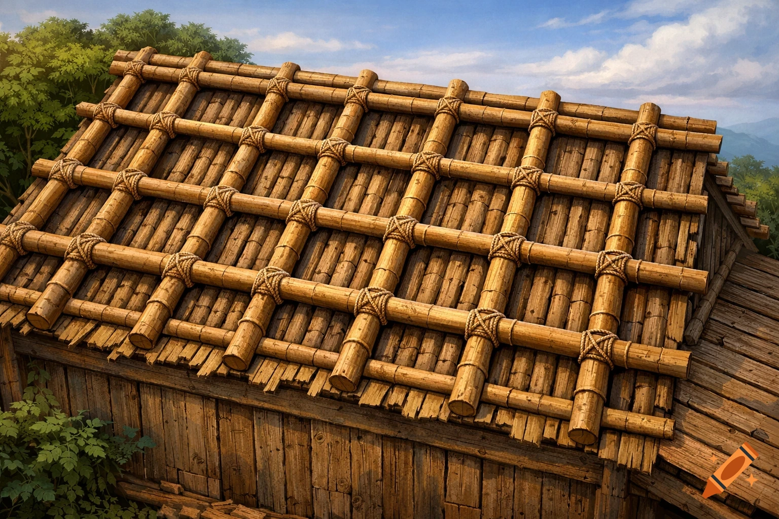 Close-up of a rustic bamboo and wood roof on a cabin, featuring intricately tied bamboo poles, against a blue sky and green trees.